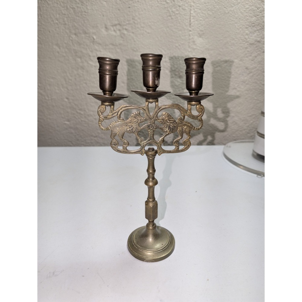 20th Century Judaica Brass American Candelabra Sabbath‎ Jewish Rampant Lions